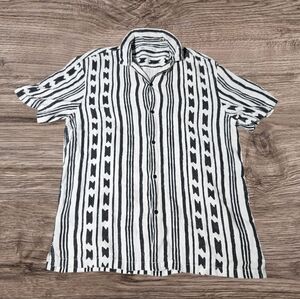 ZARA Cuban Collar Striped Shirt Black/White Button Up Cotton Knit Casual Mens XL